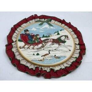 Quilted Christmas Horse Sleigh Round Wood Frame Art Wall Hanging Granny Core